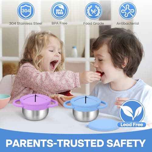 KLCKH 2-Pack Stainless Steel Snack Cup for Toddlers Spill-Proof, Baby Food Containers with Removable Silicone Lids & Handles | Dishwasher Safe, BPA-Free On-the-Go Kids Snack Containers Box - Thumbnail 4
