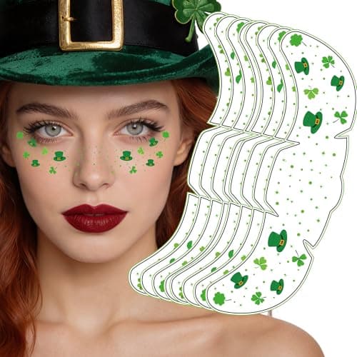 St Patricks Day Accessories - 8 Pack Shamrock Temporary Face Tattoos | St Patrick's Day Shirt Outfits for Women | Lucky Clover Face Stickers Makeup Gifts Crafts Games Decorations for Kids - Image 1