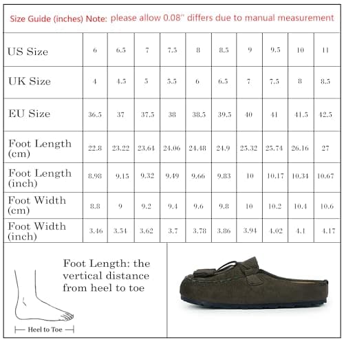 VIUGJNEX Womens Clogs Slip on Tassel Fringe Suede Mules for Women Comfortable Footbed Loafers Potato Shoes with Arch Support Round Toe Office Casual Walking Flats Work Shoes Olive Brown Size 10 - Thumbnail 4