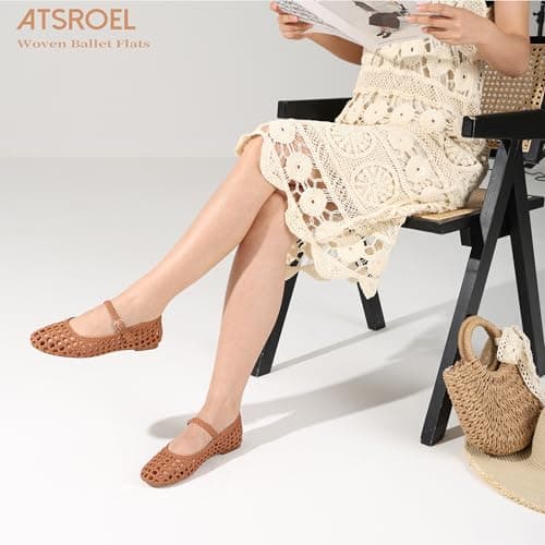 Brown Woven Ballet Flats for Women Round Toe Mesh Flats Buckle Strap Flat Shoes Comfortable Mary Jane Dressy Mesh Shoes Casual Ballerina Mary Janes Size 9.5 - Thumbnail 4