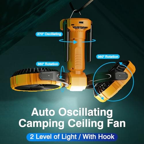 Nauttxon Outdoor Camping Fan With Light - Oscillating 10000mAh Battery Powered Fan For Camping With Hanging Hook For Beach Travel Picnic Fishing Outdoor -Yellow - Thumbnail 4