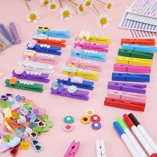 Cheer Pin Charms,100 Colored Clothes Pins Wooden with Mini Bows,Resin Ducks Charms & Self-Adhesive Glitter Cheer Spirit Stuff for Volleyball Bag Cheerleader Team - Thumbnail 3