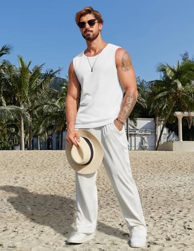 COOFANDY White Waffle Sleeveless Shirts for Men Summer Knitted Tank Top Lightweight Soft Tank Round Neck XL - Thumbnail 3
