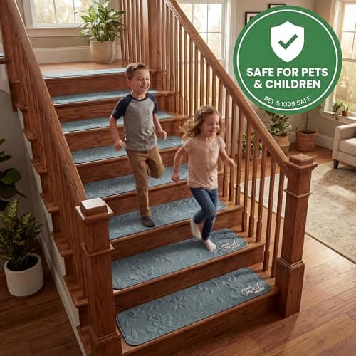 Soft Stair Treads 8x30, Plush Cotton Cushioned Carpet for Hardwood Floors, Non-Slip Silicone Backing No Adhesive, Quiet Safety Mats for Kids & Pets, Machine Washable-Blue - Thumbnail 5