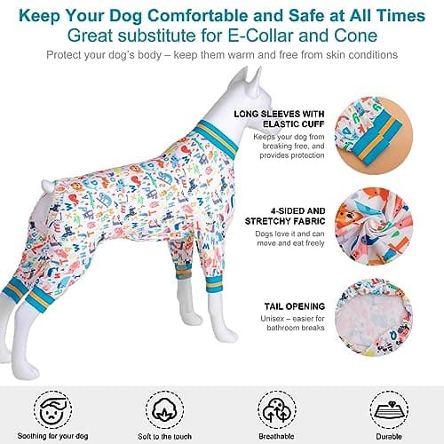 LovinPet Dog Onesie for Surgery Male Large Breed, Undershirt for Pitbull Dog,Lightweight Stretchy Flannel Fabric,White Noah's Ark Alphabet Print,Big Dog Jammies,Uv Protection Shirt,Easy to Wear,2XL - Thumbnail 5