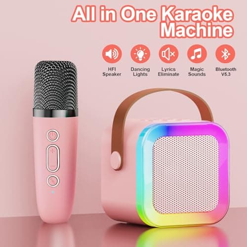 Kids Karaoke Machine Toy for Ages 3-12, Rechargeable Portable Bluetooth Speaker with 1 Wireless Microphone, LED Light Up Voice Changer, Christmas Birthday Gift for Boys Girls Grandkids (Pink - 1) - Thumbnail 2