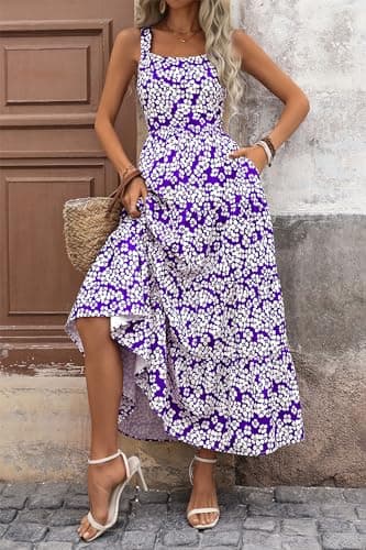 PRETTYGARDEN Women's Summer Floral Maxi Dress Sleeveless Smocked Ruffle Long Flowy Beach Vacation Boho Sundresses (Floral Purple White,Medium) - Thumbnail 4