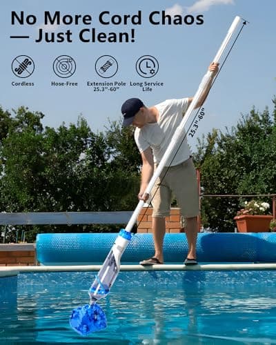 Cordless Handheld Pool Vacuum with Telescopic Pole, Rechargeable Hot Tub SPA Vacuum, Rectangular Brush, Powerful Suction, 60Min Runtime, Pools up to 88", Portable Pool Cleaner w/2 Filter Bags - Thumbnail 5
