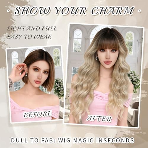 Potoki Ombre Blonde Wig With Bangs Natural Looking Long Curly Wavy Synthetic Wigs For Women Heat Resistant Synthetic Fiber Wigs for Daily Party Use 26 Inches(Ombre Dirty Blonde) - Thumbnail 3