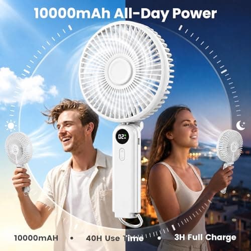 Portable Handheld Fan, 10000mAh Rechargeable Personal Fan for 40H, 6-Inch Ultra Quiet Foldable Hand Fan, 5-Speed Gentle Airflow Battery Operated Fans for Travel Outdoor Lash Makeup Gifts for Women - Thumbnail 4