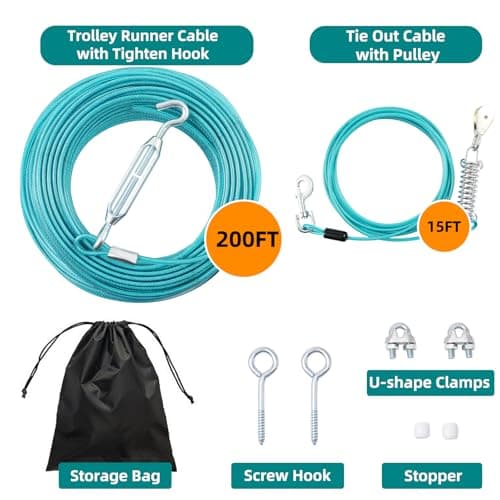 LUFFWELL 200FT Dog Runner for Yard with 15FT Tie Out Cable - Heavy Duty Trolley System for Large Dogs Up to 250LBS, Backyard/Park/Camping Use (Ice Blue, 200FT+15FT) - Thumbnail 2