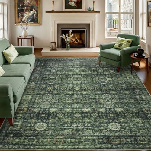Dotiiorug Vintage Washable Area Rug for Living Room,Low Pile 5x7 Non Slip Carpet Non-Shedding Area Rug Soft Indoor Stain Resistant Rug Floral Print Mat for Bedroom Dining Room 117 Green - Image 1