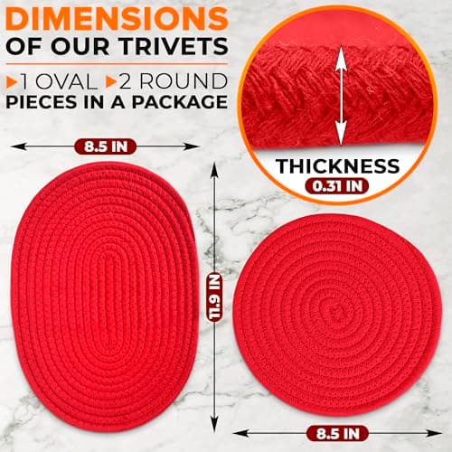 3 Pcs Red Trivets for Hot Dishes – Cotton & Polyester Trivets for Hot Pots and Pans, 2 Round 8.5" and 1 Oval 12x8.5 – Heat Resistant Kitchen Pads for Bakeware, Pots, Dining Table and Countertop Use - Thumbnail 2