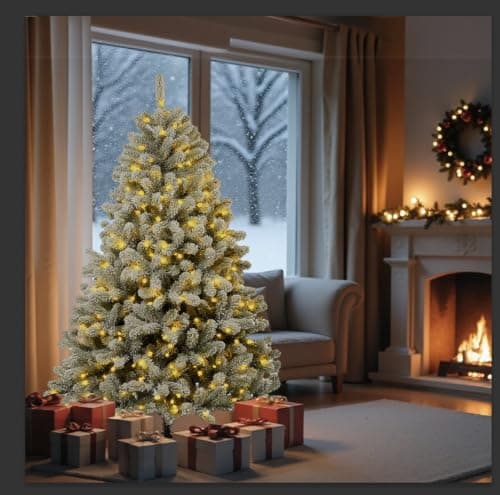 Aovotreena 6ft Pre-Lit Snow Flocked Christmas Tree with 300 Warm White Lights, 840 Full PVC Branch Tips, Hinged Quick-Assembly Design, Lush Artificial Xmas Tree for Winter Holiday Décor - Thumbnail 3