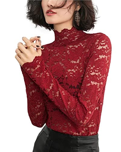 Women's Sexy Lace See Through Blouse Semi Sheer Long Sleeve Mock Neck Top Red XL - Image 1