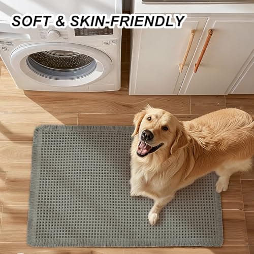Siyaluens Luxury Waffle Bath Mat, Super Absorbent Non Slip Bathroom Rugs, Boho Ultra Soft Comfort Machine Washable Quick Dry Floor Mats with Tassels (Olive Green, 17" x 24") - Thumbnail 4