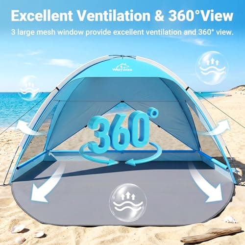 Wolfwise Beach Tent Sun Shelter for 4 Person with UPF 50+ UV Protection, Sun Shade Beach Tents with Extendable Floor for Privacy, 3 Ventilated Mesh Windows & Carrying Bag, 95 ''x65''x55'', Blue - Thumbnail 2