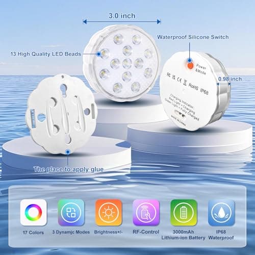 YiaMia Rechargeable Pool Lights with Remote, 2 Pack IP68 Waterproof Submersible LED Lights for Above Ground & Inground Pools, Bath, Shower, Party Decoration, Spas, Aquariums - Thumbnail 6