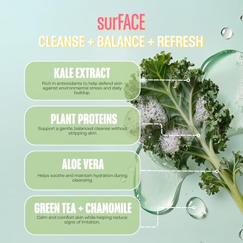 SurFACE Face Wash with Kale, Carrot and Lemon Proteins, Green Tea, Chamomile, Aloe and Cucumber – Gentle Daily Antioxidant Cleanser for Hydrated, Balanced Skin – Kale Yeah! - 6 oz - Thumbnail 2