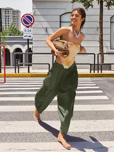 COCOMARTS Womens Linen Wide Leg Palazzo Pants Casual Loose Elastic Drawstring Flowy Pant 2025 Fall Travel Baggy Harem Pants with Pocket Green Large - Thumbnail 2