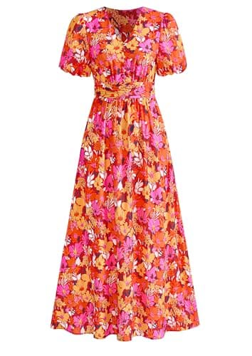 PRETTYGARDEN Womes Boho Maxi Dresses 2026 Summer Spring V Neck Puff Sleeve Empire Waist A Line Flowy Long Beach Floral Dress (Red Yellow Pink,S)