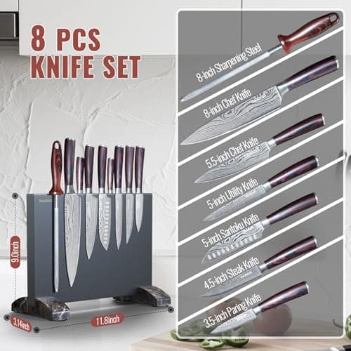 Black Knife Set With Block - 8 Pieces High Carbon Stainless Steel Magnetic Knife Set with Sharpener, Ultra Sharp Kitchen Knives Sets for Cooking with Ergonomic Handle - Thumbnail 3