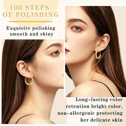 14K Gold Plated Hoop Earrings for Women, Hypoallergenic Lightweight Small Huggie Hoops, Fashion Gold Earrings with Gift Box Ideal Jewelry Gift for Birthday Valentine Mother's Day for Wife Her (19mm) - Thumbnail 3