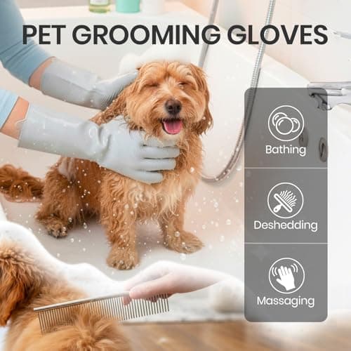 DELOMO Dog Washing Gloves with Comb: Soft and Gentle Silicone Pet Grooming Gloves - Bathing Scrubber Brush Mitt Grooming Shedding Fur Removal Massage for Dogs/Cats/Horse, Grey - Thumbnail 2
