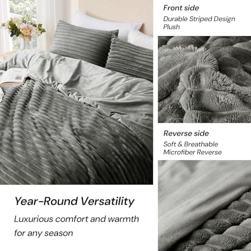 Geniospin Fleece Queen Comforter Set, Soft Fuzzy Queen Bedding Sets, 3-Pieces Gray Comforter Set for All Season, Warm Fluffy Comforter with 2 Pillow Cases - Thumbnail 4