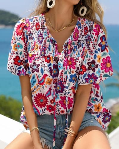 KIRUNDO Boho Tops for Women Summer 2026 Dressy Floral Blouse V Neck Drawstring Short Sleeve Shirts Beach Vacation Clothes(White Multicolored, X-Large) - Thumbnail 5