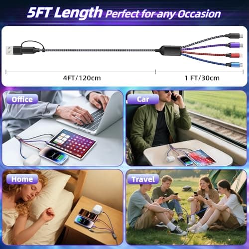 4 in 2 Dual USB C Multi Charging Cable, Phone Charging Cords [5FT] for Multiple Devices with 2 Type-C, IP and Micro USB Cable, Charger Cord Type C for iPhone 17-8, Android, Pad - Thumbnail 4
