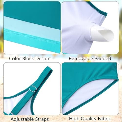Alakuoti Girls Swimsuit Color Block Adjustable Straps Bikini Sets Teen Girl Two Piece Bathing Suits with Chest Pad Size 10 Dark Green - Thumbnail 5