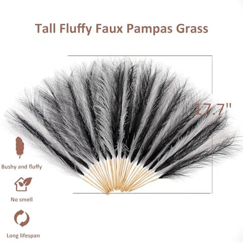 Acfruits Black and Gray Pampas Grass Decor, 30 Pcs 17" Faux Pampas Grass Short Decor, Pompas Grass Flower Arrangement and Vase Filler for Boho Home Wedding Decoration - Thumbnail 2