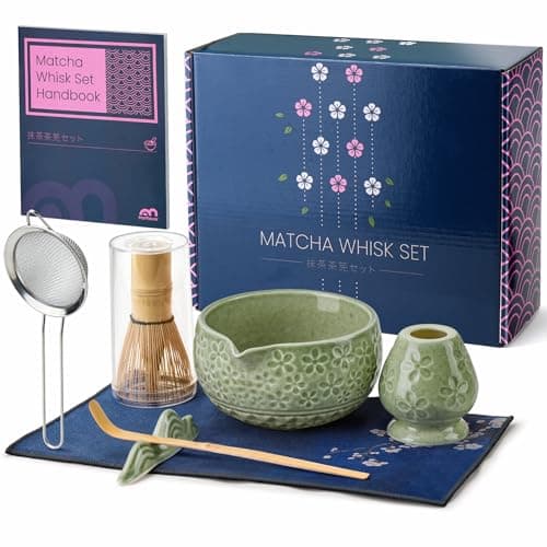 7Pcs Matcha Whisk Set, Matcha Set Whisk and Bowl,Bamboo Scoop, Scoop Rest, Sifter and Tea Towel, Matcha Kit W/Carved Cherry Blossm Pattern for Matcha Lovers (Sakura Green) - Image 1