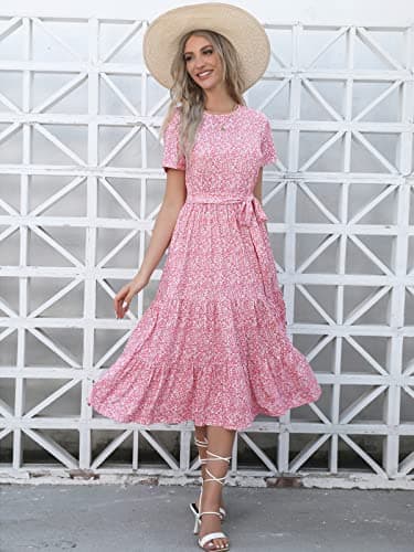 Lyrur Womens Short Sleeve Midi Dress with Pockets Pink Floral Crewneck Tiered Ruffle Casual Summer Sundress(S,9191-Pink Floral) - Thumbnail 6