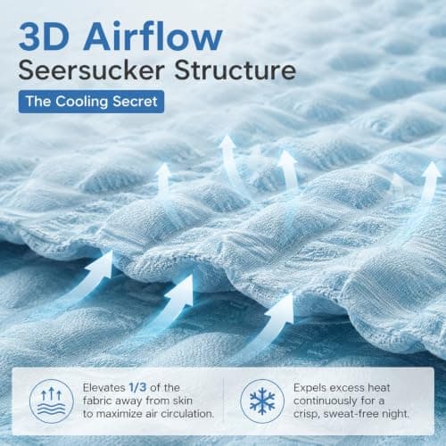 Fuzzysense Cooling Comforter Queen Size – Q-Max 0.4 Seersucker Reversible Cooling Blanket, Lightweight Breathable Summer Quilt for Hot Sleepers & Night Sweats, Ice Blue - Thumbnail 4