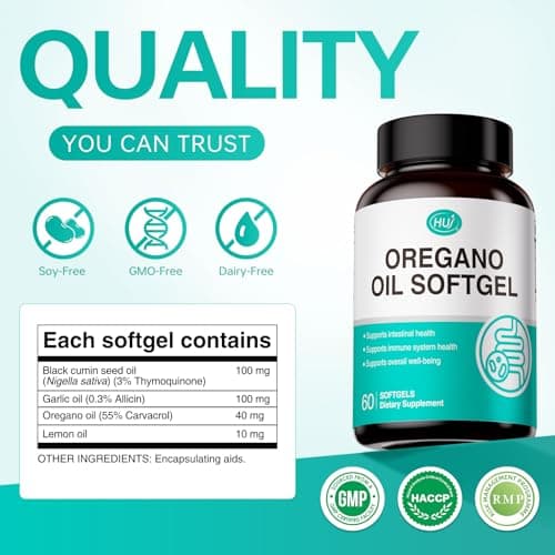 HUJ Oregano Oil Softgel with High Strength 55% Carvacrol - Premium Complex with Black Cumin Seed Oil, Garlic Oil - Natural Plant-Based Formula for Normal Immune and Gut Health Support - 60 Softgels - Thumbnail 6