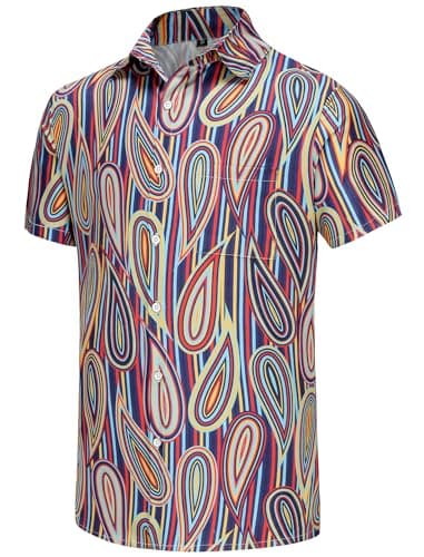 KYKU Neon Striped Shirt Psychedelic Shirts for Men Button Down Short Sleeve with Pockets, Colourful Geometric, S - Thumbnail 2