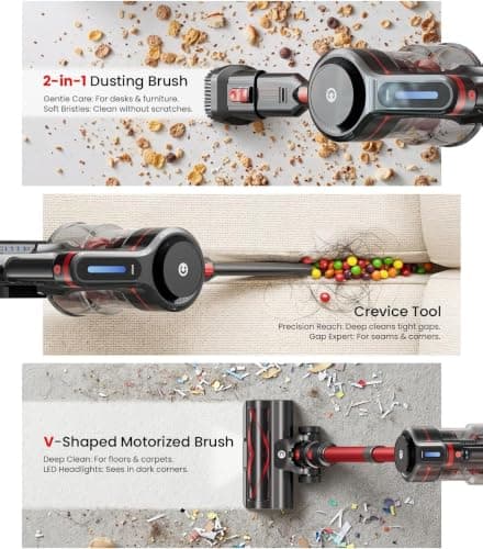 CHEBIO Lightweight Cordless Vacuum Cleaners for Home, Stick Vacuum Cordless Rechargeable with 45kPa Suction,45-Min Run,Anti-Tangle and Self-Stand, 6 in 1 Hardwood Vacuum Cleaner (red) - Thumbnail 5