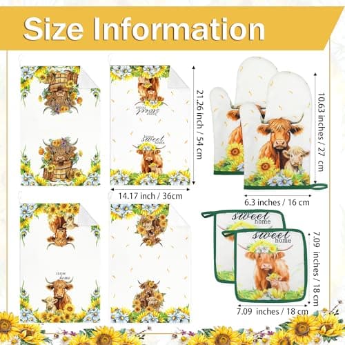Vetoxka 8 PCS Highland Cow Kitchen Decor and Accessories - 4 Dish Towels Set 2 Oven Mitts and Pot Holders Sets for Cooking Baking Home Sweet Home Sunflower Cattle Watercolor Farmhome Housewarming Gift - Thumbnail 3