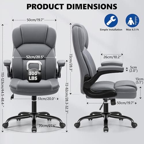 PU Leather Executive Office Chair, Ergonomic High-Back Computer & Gaming Chair with Adjustable Height, Rolling Swivel & Flip-Up Armrests, Comfy Padded Seat for Home Office-Gray - Thumbnail 2