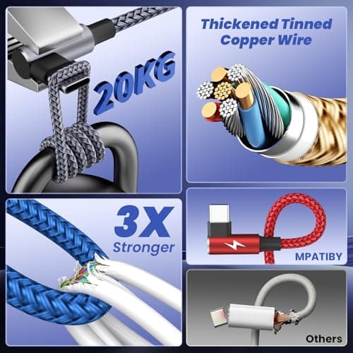 USB C to USB C Cable for CarPlay (5ft, 1Pack), Right Angle USB A/C to USB C Splitter Cable,4 in 2 Multiple Braided Car Charger Cord for Charging While Gaming & Lying Down Fit for iPhone 17 MacBook - Thumbnail 3