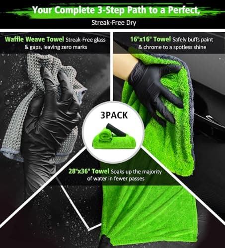 YeewayVeh Complete Drying Towel Set, 3-Pack Microfiber Towels (28"x36" & 16"x16" Drying & Waffle Weave), 1400 GSM Ultra Absorbent, Streak-Free Car Detailing Towels for Bulk Water, Final Polish & Glass - Thumbnail 2