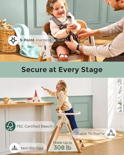 Momcozy DinerPal Wooden High Chair for Babies, Toddlers & Adults Up to 308 Lbs, Convertible Baby Highchair with Food-Grade Tray, Dishwasher-Safe, Adjustable & Ergonomic, Natural Wood - Thumbnail 6