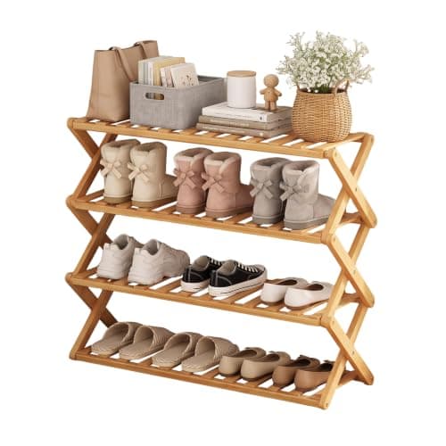 BLBPZL Bamboo Shoe Rack 4 Tier Collapsible - Shoe Rack for Entryway, Without Installation Storage Shelf Rack Perfect for Entryway Corridors Front Door Living Room Kitchen, Original Color - Image 1
