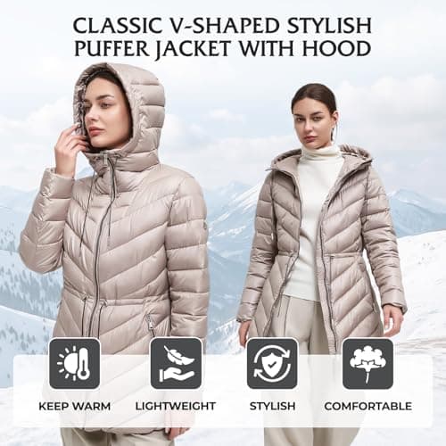 BINACL Women's Thickened Jacket with Hood, Mountain Snow Ski Windproof Modern Glossy Down Alternative Hiking Quilted Parka Stylish Puffer Winter Warm Club Winter Shiny Padded Coat(Taupe S) - Thumbnail 2