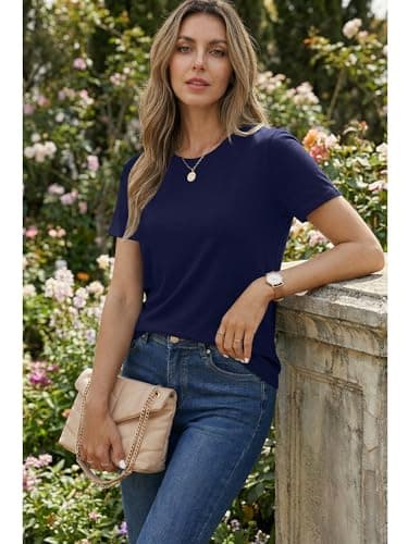 Women's T Shirt Cotton Short Sleeve T-Shirts Crewneck Basic Solid Color Tee Loose Fit Tshirts Breathable Comfy Summer Tops for Women 2026 Navy - Thumbnail 6