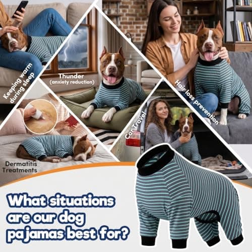 LovinPet Dog PJS Apparel for Large Dogs, Pure Cotton Cyan Blue Stripe Dog Shirt, 4-Legged Design, Full Body Coverage, Pajamas for Pitbulls, Onesies for Dogs, 2XL - Thumbnail 4