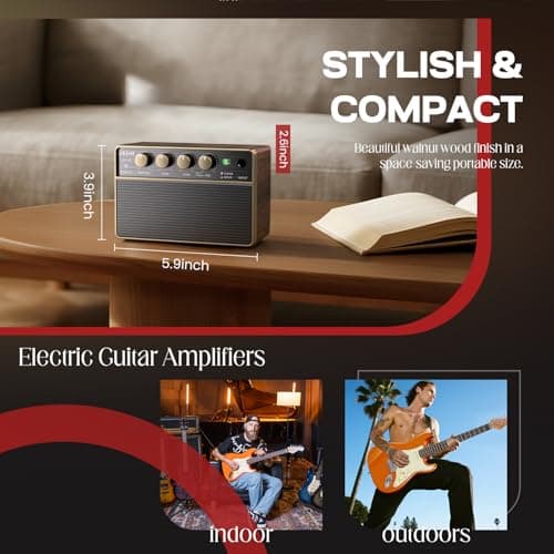 Mini Electric Guitar Amp, Rechargeable 10W Small Portable Guitars Amplifier 5.9*3.9*2.6in Clean/Drive Channels,Wireless Audio,USB-C,6H Working,Headphone Out/AUX In,Compact Practice Travel Speaker Amps - Thumbnail 6