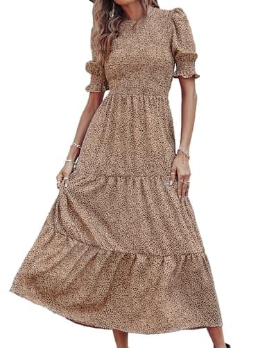 BTFBM Women Casual Summer Dresses 2025 Spring Crew Neck Ruffle Short Sleeve Floral Print Smocked Boho Flowy Maxi Dress(Dot Apricot Brown, X-Large)